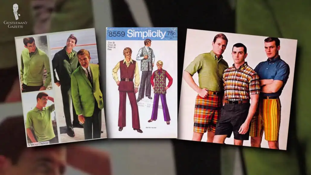 Gentlmen of the 1960s wearing different bold colors and printed outfits.