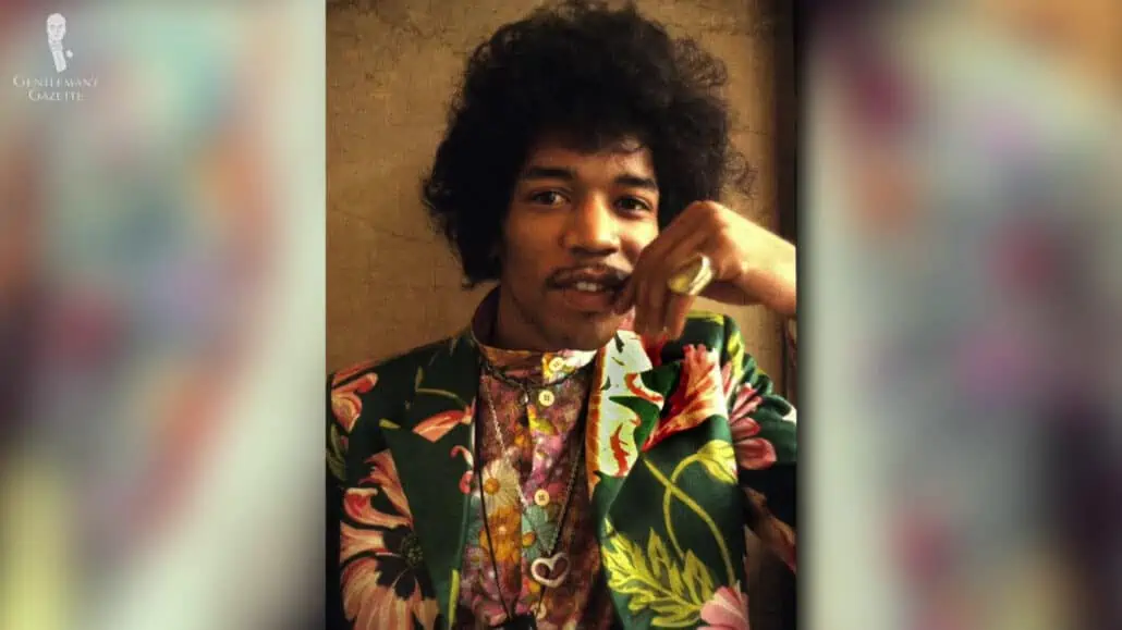 Jimi Hendrix wearing Bohemian or Flower Power inspired outfit.