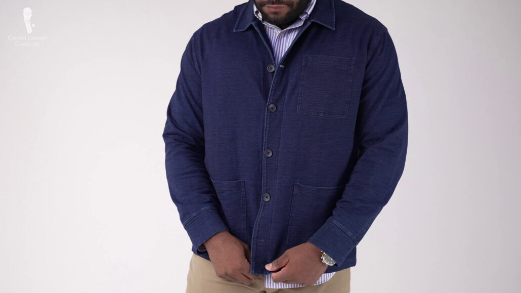 Kyle donning an overshirt with a single-breast pocket and patch pockets at the hip