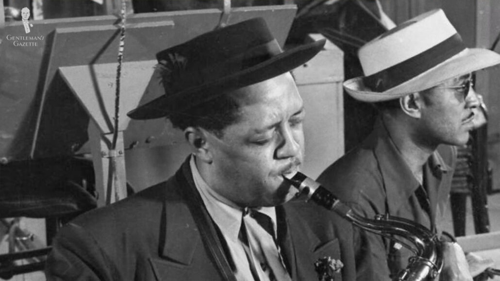 Lester Young wearing a pork pie hat.