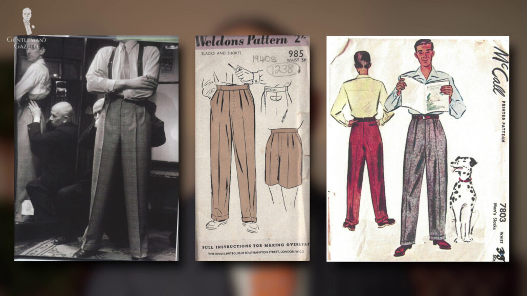 Men wearing double pleated trousers which were in style during the 1940s.