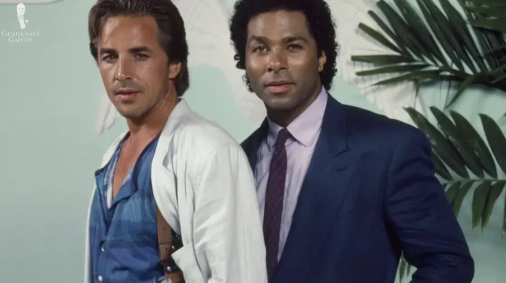 Don Johnson and Philip Michael Thomas in Miami Vice (1984) sporting outfits with relaxed lines and wider cuts