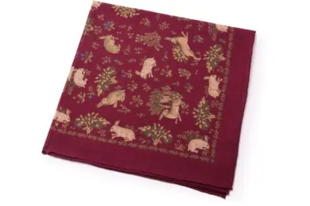 Off White Rabbits on Wine Red Silk Wool Pocket Square
