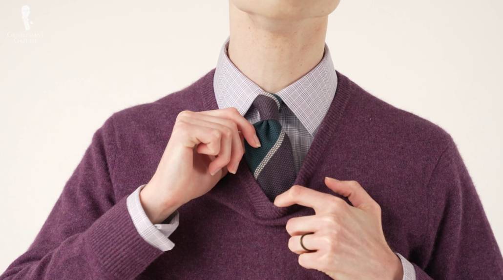 Cashmere may be blended with other fabrics to achieve “budget” cashmere. (Pictured: Cashmere Wool Grenadine Tie in Purple, Petrol Blue, Light Grey Stripe from Fort Belvedere)