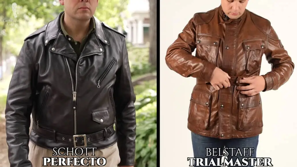 Raphael wearing a perfecto jacket on the left side and wearing a Trailmaster on the right side.