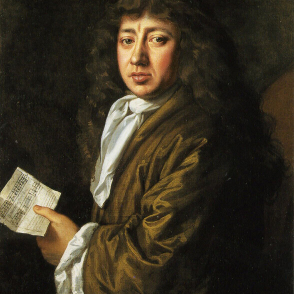 A painted portrait of Samuel Pepys in 17th century attire