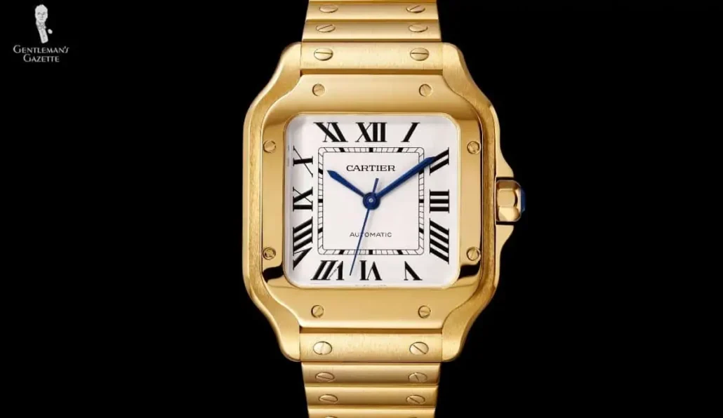 A Santos de Cartier watch, similar to the one worn by Gordon Gekko.
