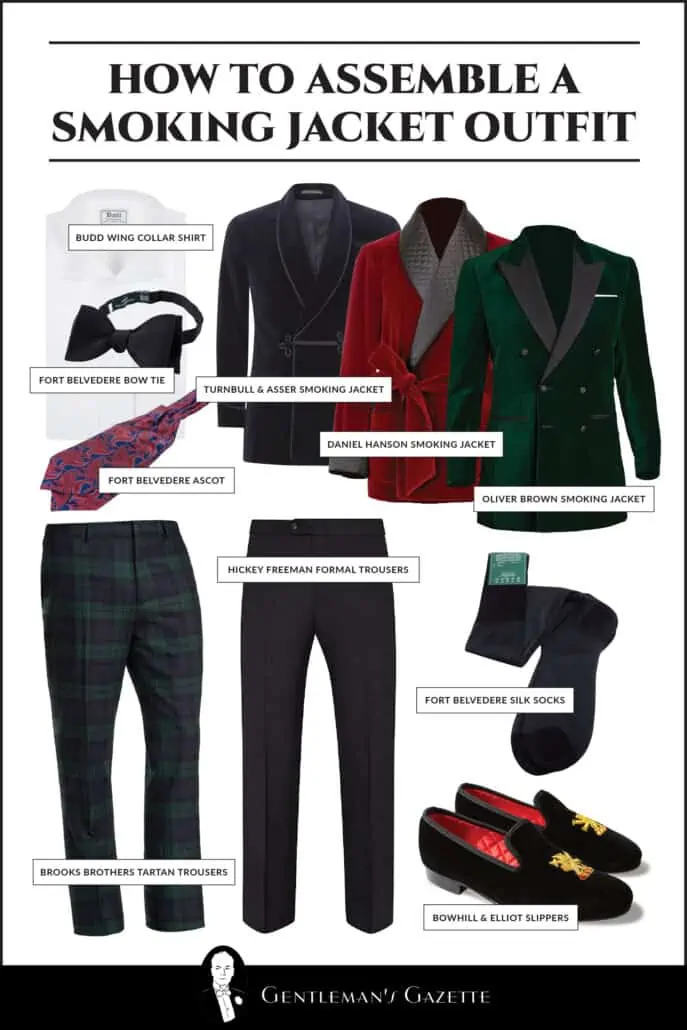 Smoking Jacket Outfit guide with 3 jacket options, shoes pants, neckwear and socks