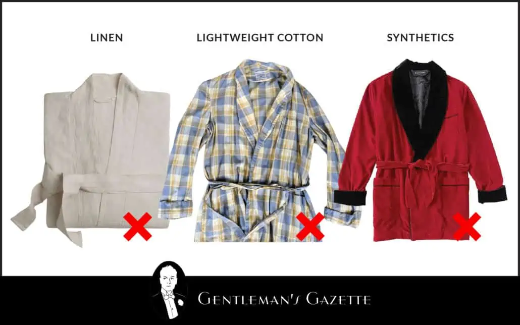 Fabric which are incorrect for a smoking jacket: linen, cotton, synthetics