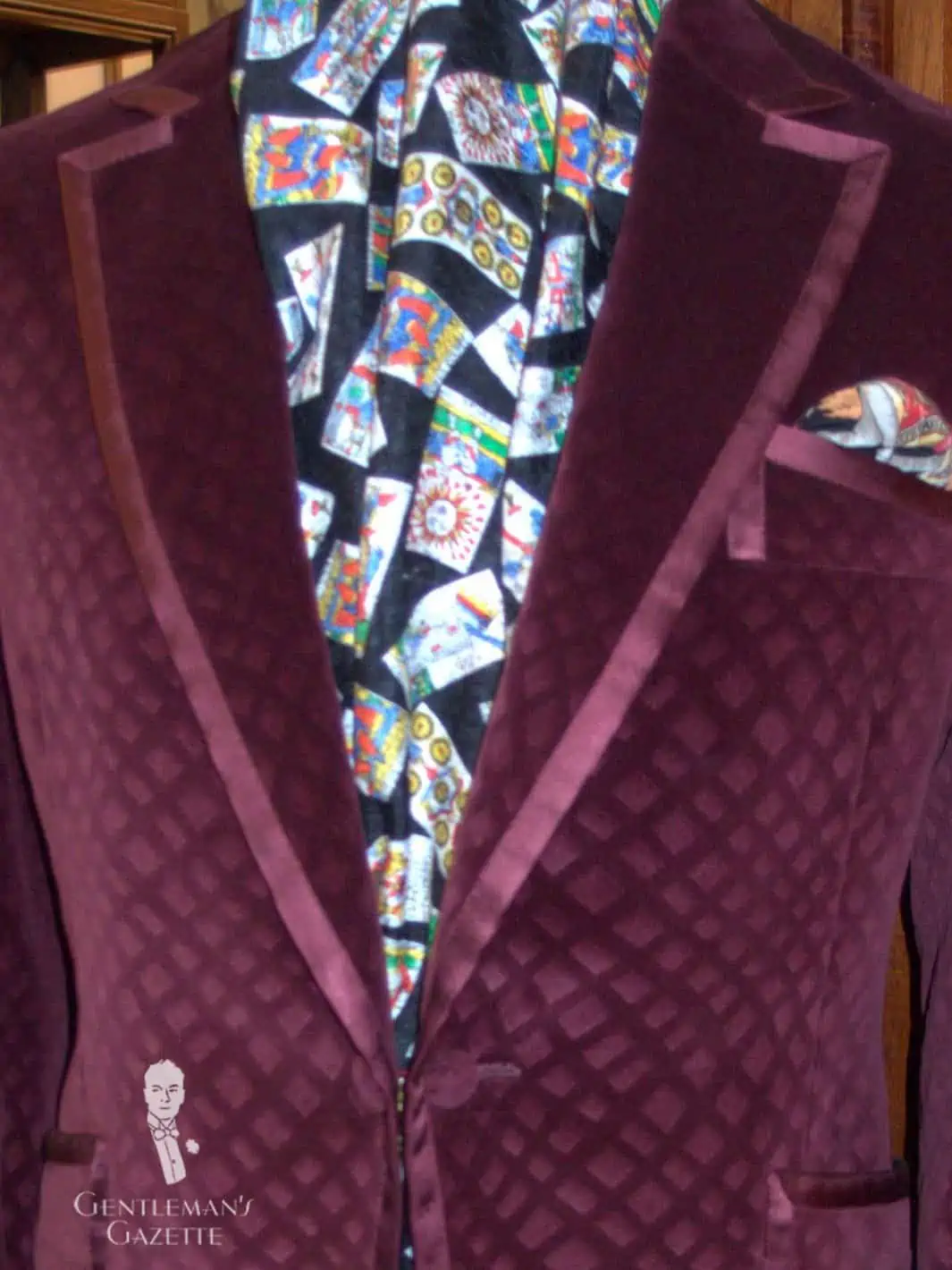 A photograph of a smoking jacket with peaked lapels