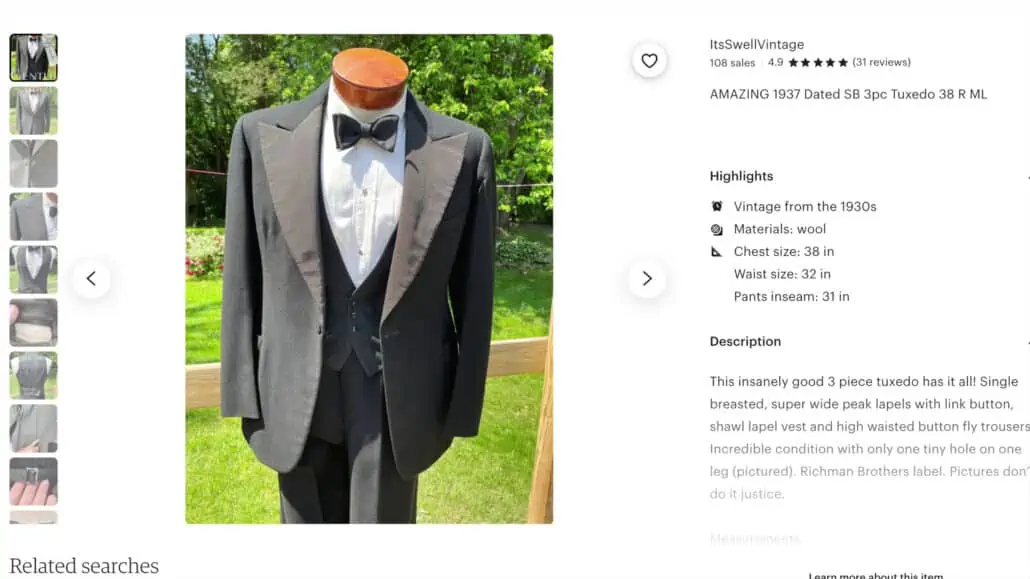 Some details of Preston’s 1937 vintage three-piece dinner suit.