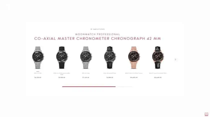 A photograph of Speedmaster watches at various price ranges. 