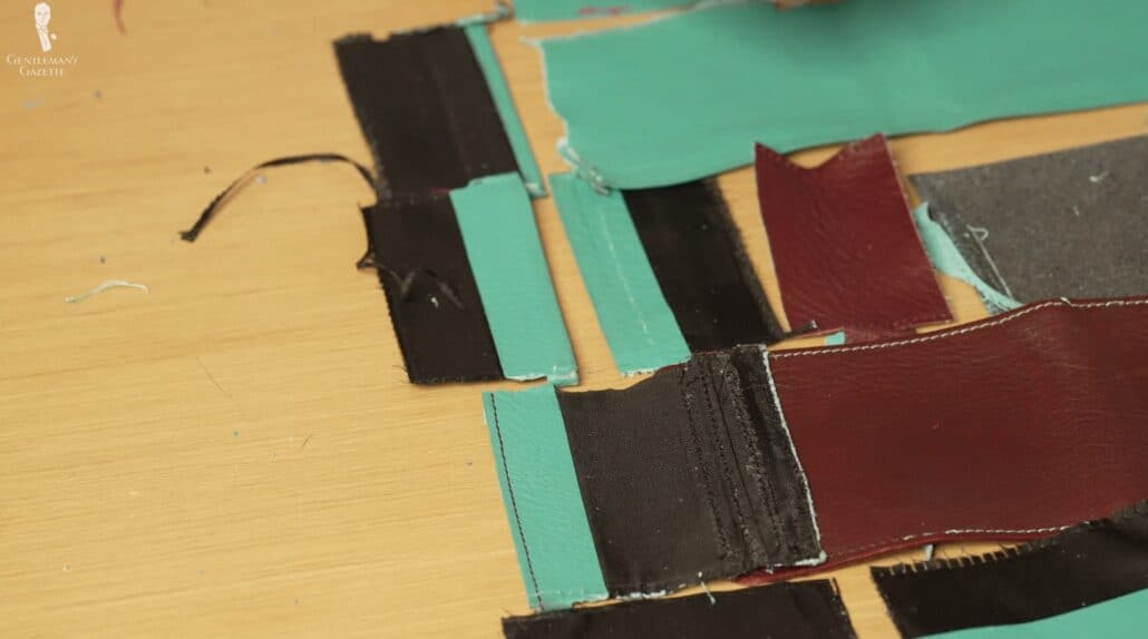 Strips of leather cut apart from a Fort Belvedere wallet.