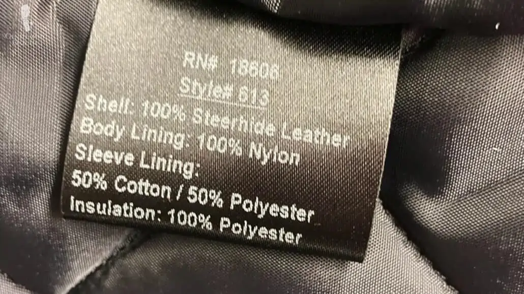Tag of a Mode-316 showing the materials used on the jacket.