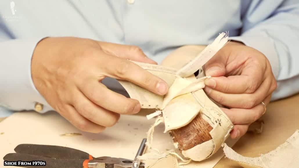 The two layers of fabric material in the heel cap of the Biscayne loafer.