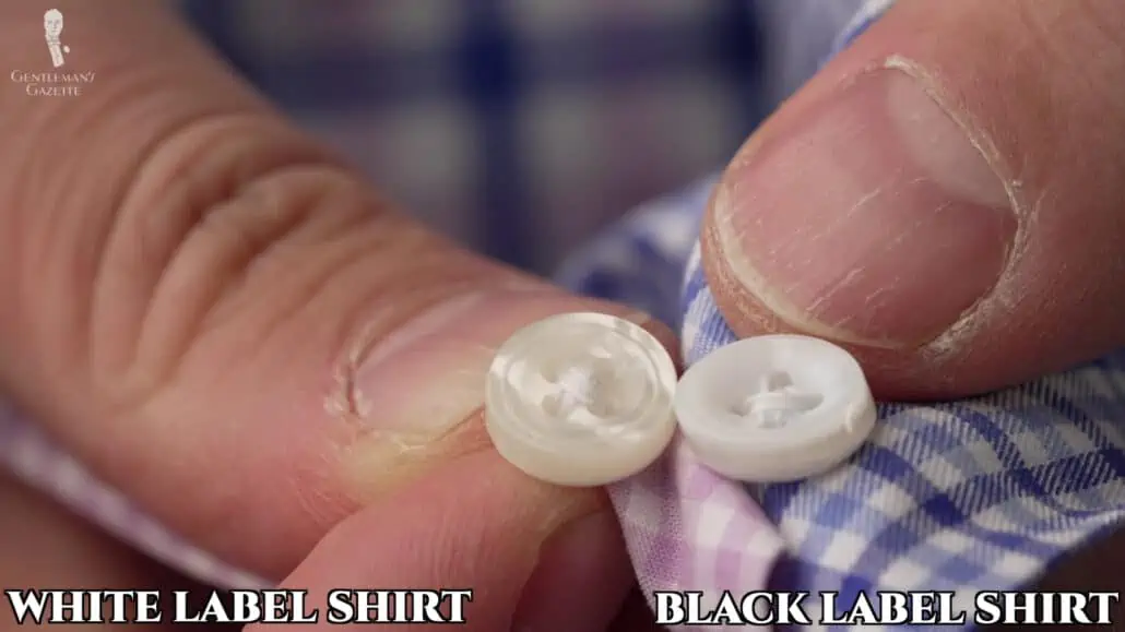 Spier & Mackay’s “black label” shirts have shell buttons, while their “white label” shirts have composite buttons.
