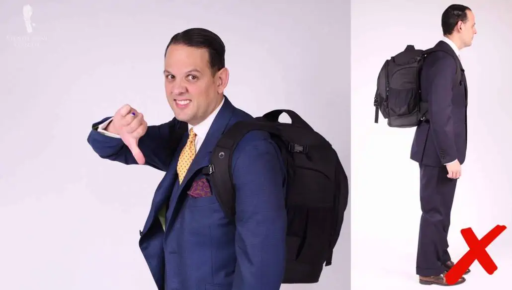 The perfect example of how a backpack can ruin your look.