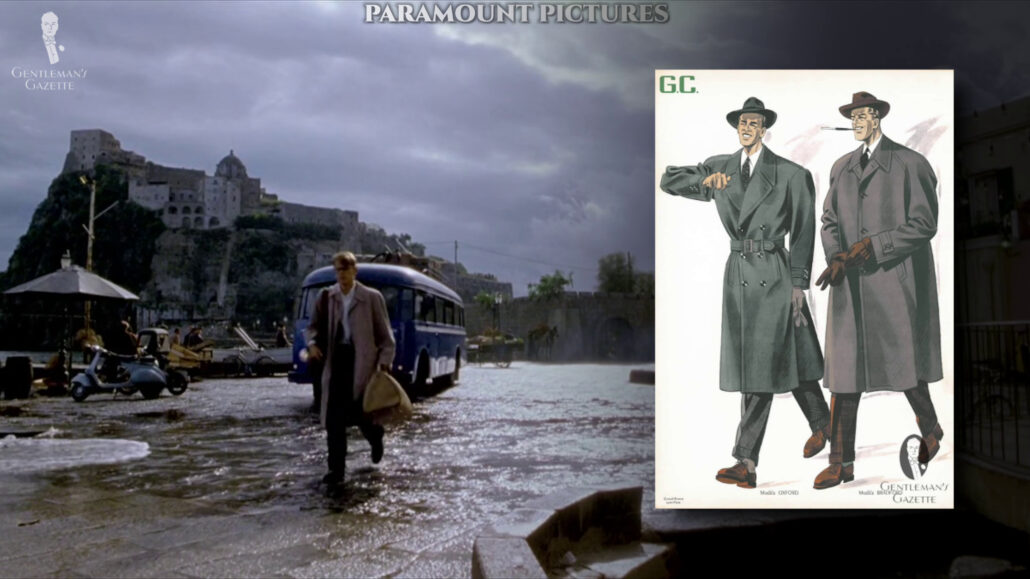 Tom Ripley wearing a raglan overcoat.