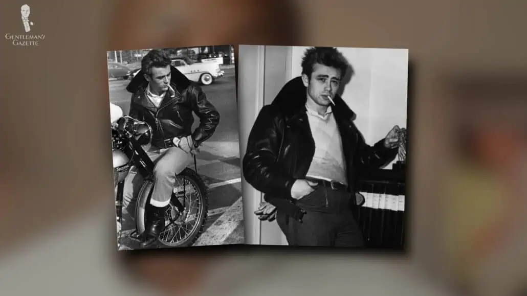 Two pictures of James Dean wearing a perfecto jacket