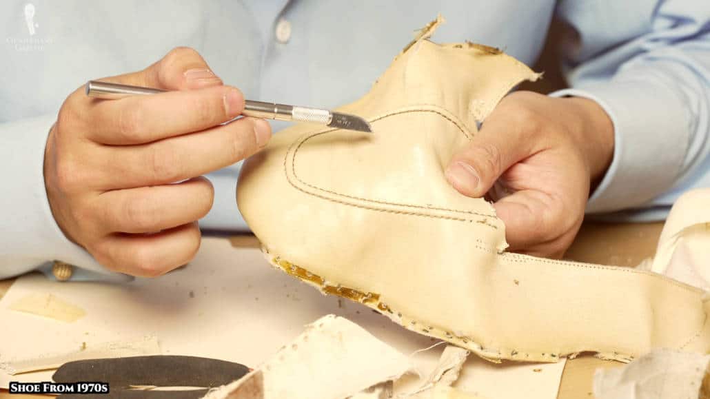 The whitish leather found underneath the off-white topcoat.