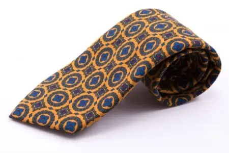 Wool Challis Tie in Sunflower Yellow with Green, Blue and Red Pattern