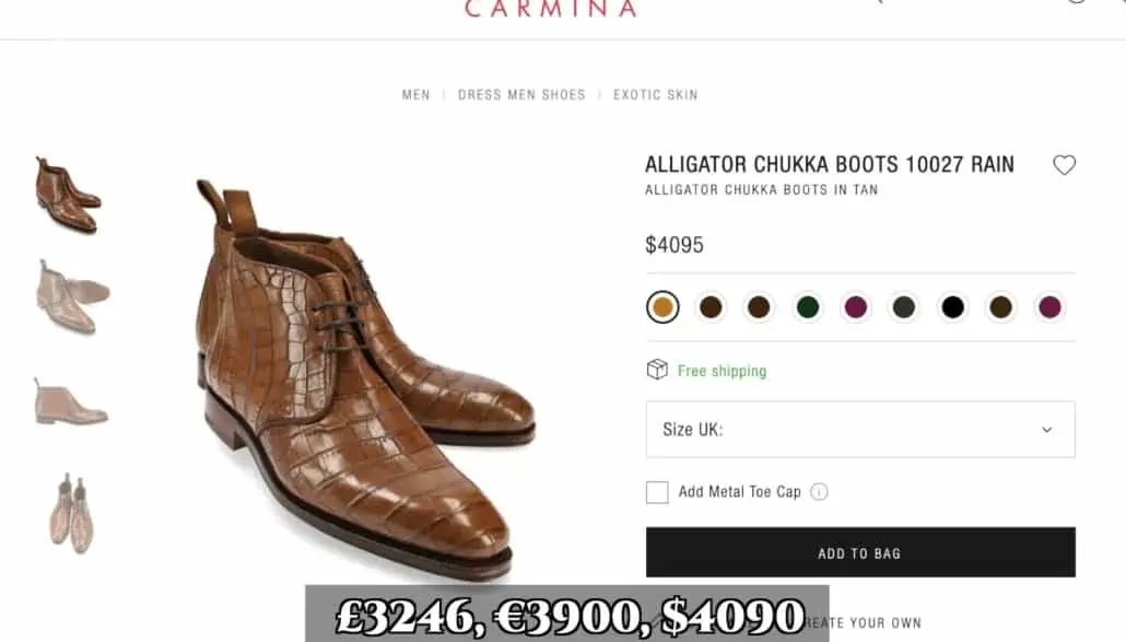 Carmina alligator shoes priced at $4,090 are the most expensive ones they offer. 