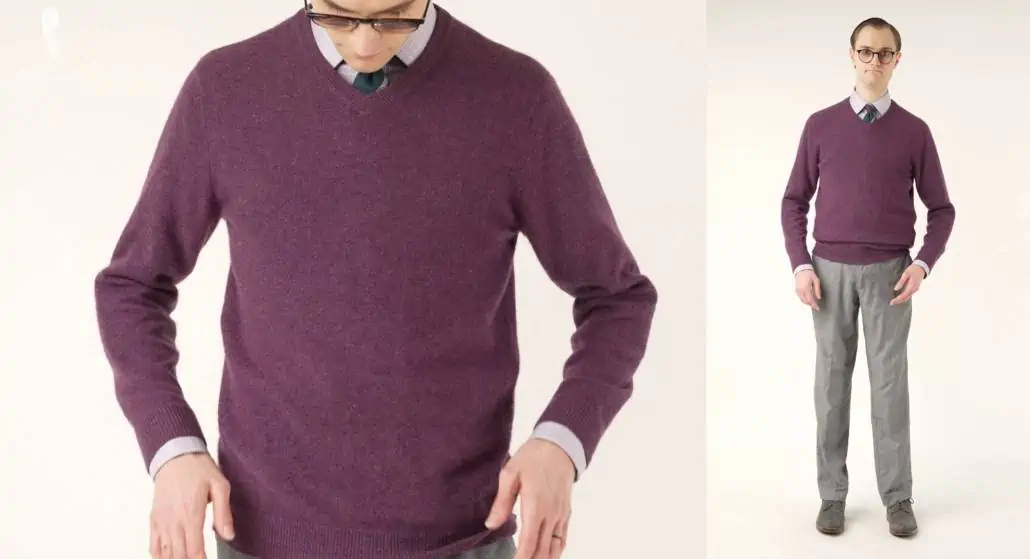 Preston in his berry-colored v-neck budget cashmere sweater from Club Room (Pictured: Cashmere Wool Grenadine Tie in Purple, Petrol Blue, Light Grey Stripe and Shadow Stripe Ribbed Socks Light Grey and Light Blue from Fort Belvedere)