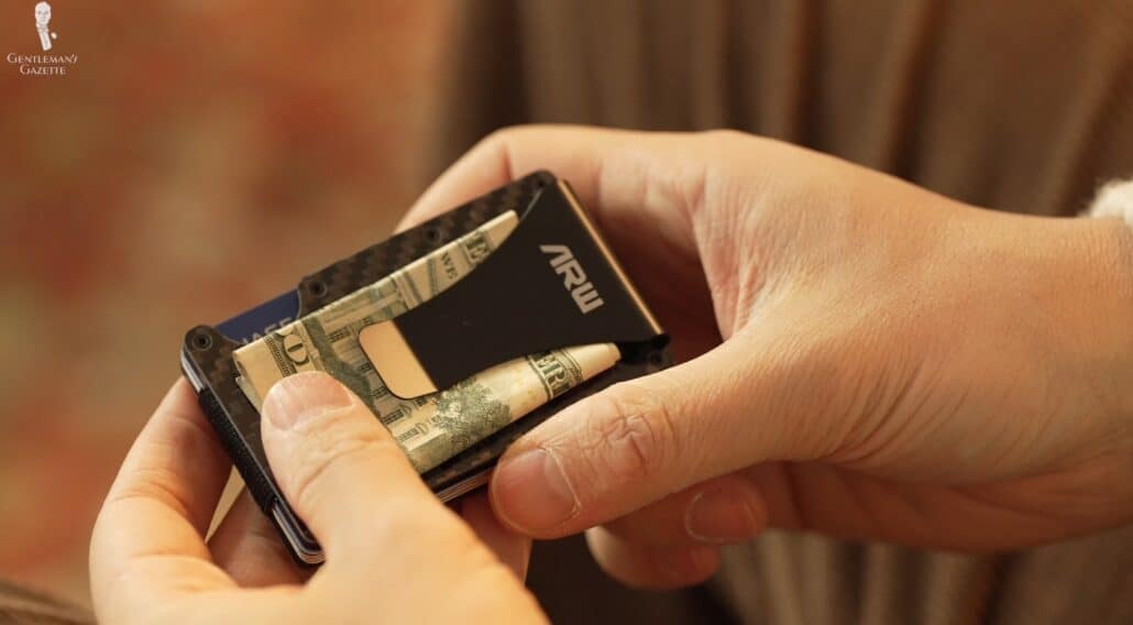 A minimalist wallet featuring a money clip. 