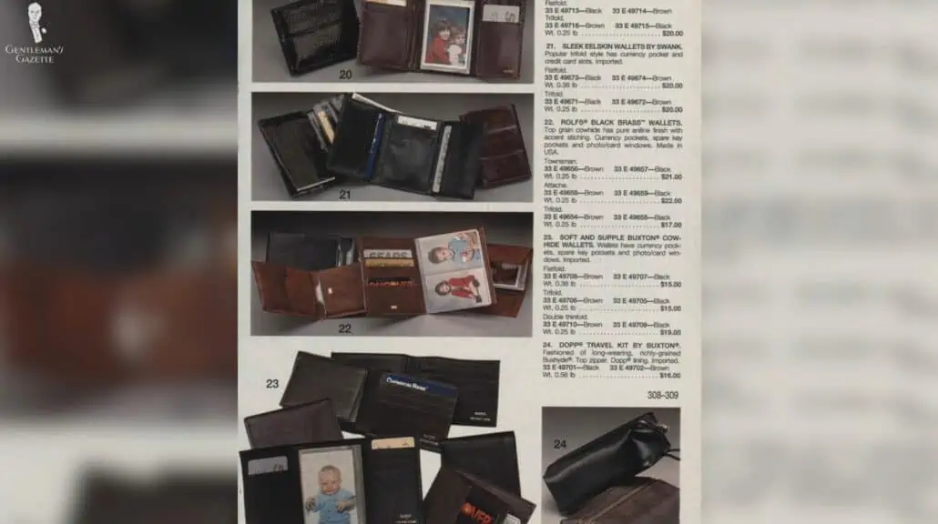 An old advert of different wallets with card slots.