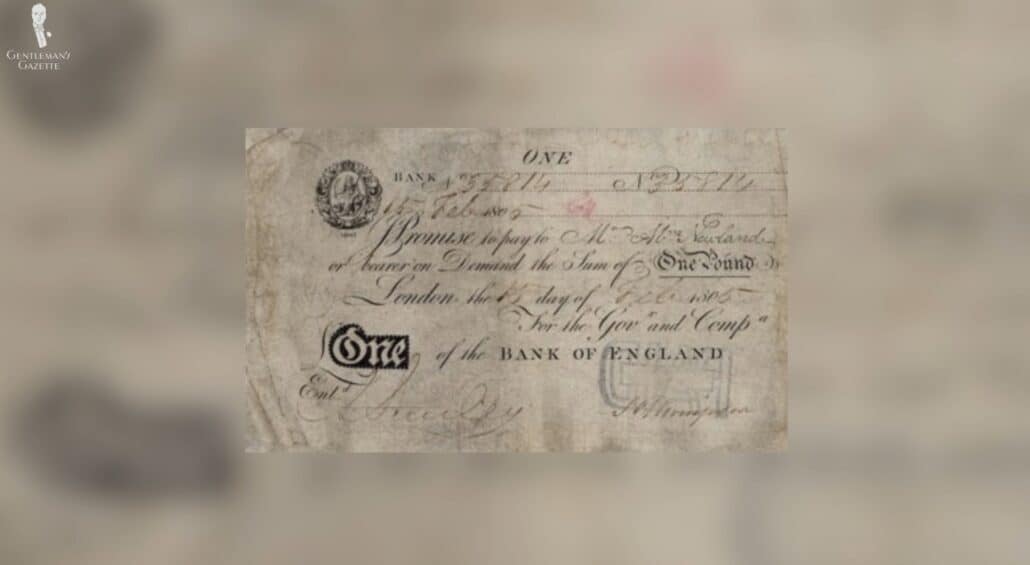 An 8in x 4.5in long one-pound note from 1805.