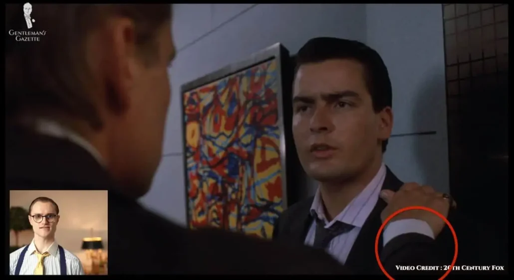 Gekko&rsquo;s suit jacket here features turn-back or gauntlet cuffs.