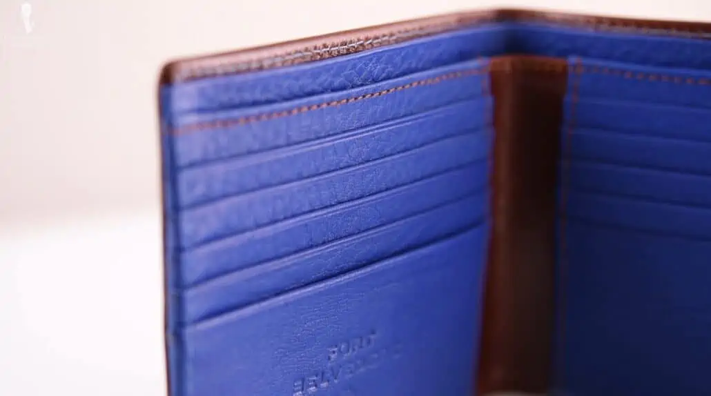 Unlike boxcalf leather, deerskin has a pronounced leather structure and is softer; shown here is the blue deerskin lining of a Fort Belvedere wallet. 