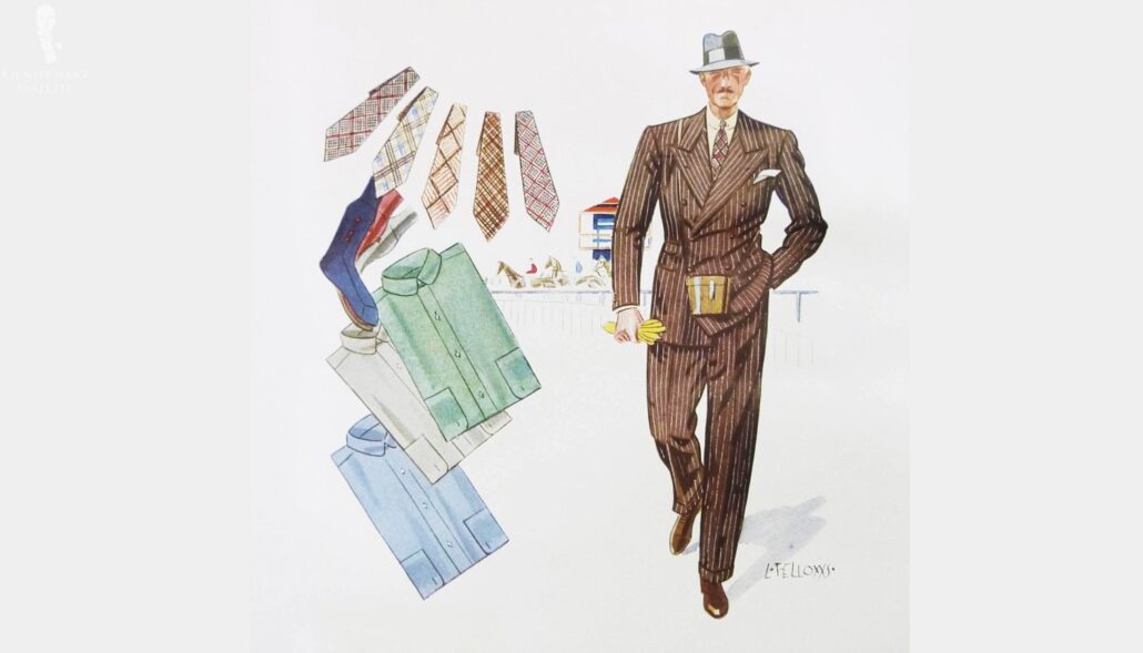 An illustration of a gentleman in the 1930s wearing a brown double-breasted chalk stripe suit.