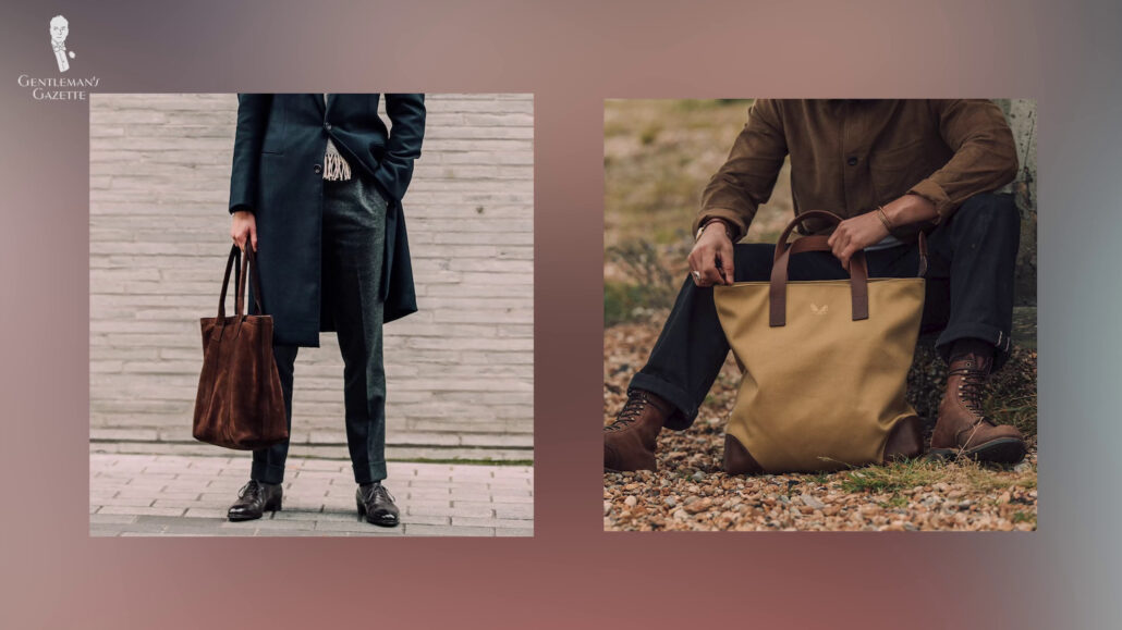 2 gentlemen carrying a leather tote bag 1