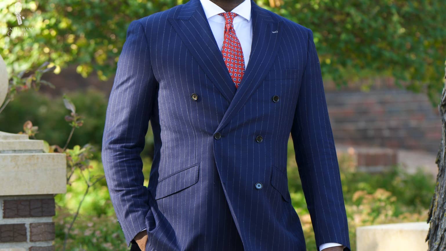 6x2 DB suit jacket Kyle's navy pinstripe double-breasted custom suit jacket with a 6x2 button configuration.