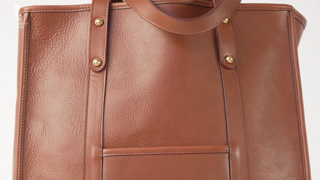 A brown leather tote bag.