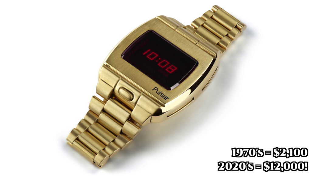 A gold Pulsar digital watch.