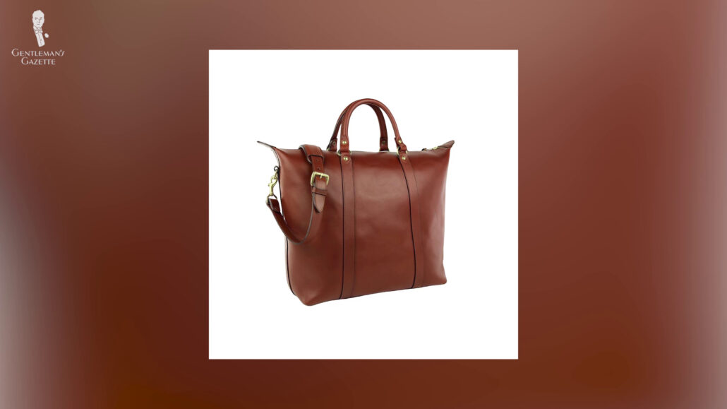 A leather tote bag with thick rounded handles