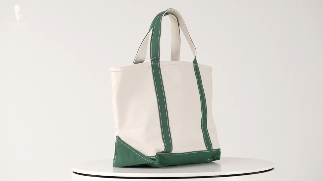 A white and green tote bag.