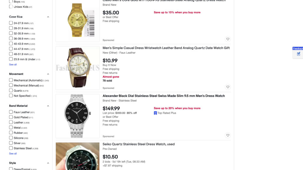 Amazon dress watch listing
