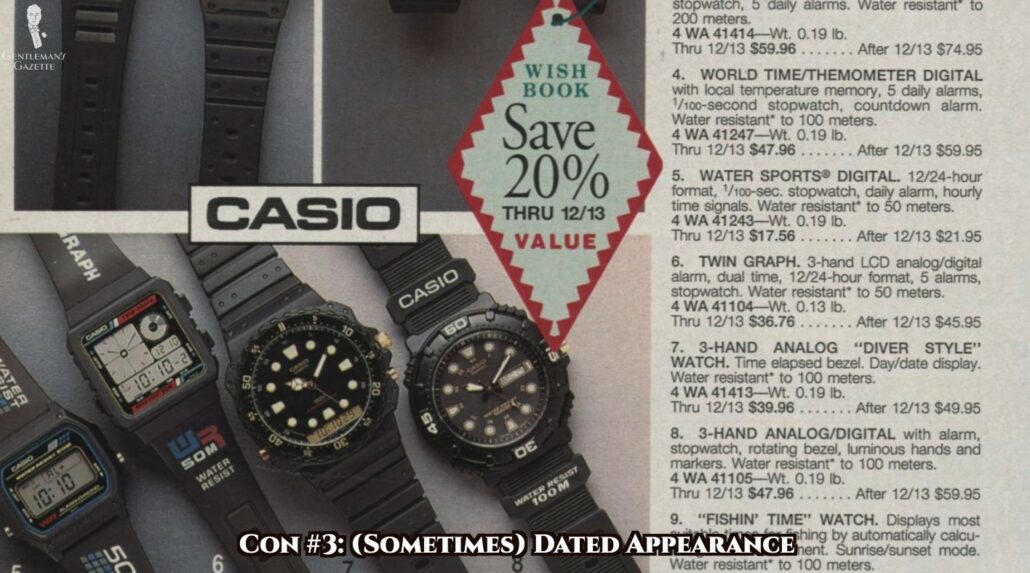 An old advert showing different Casio digital watches that look rather dated.
