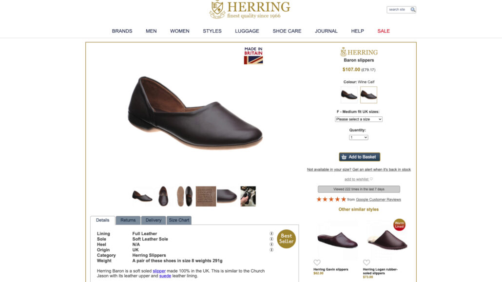 “Baron” Grecian slippers from Herring Shoes