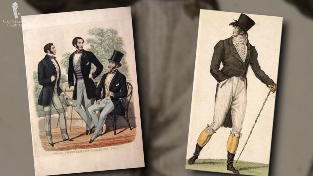 Prior to the Regency Era, flat-fronted trousers (left) and breeches (right) were most common.