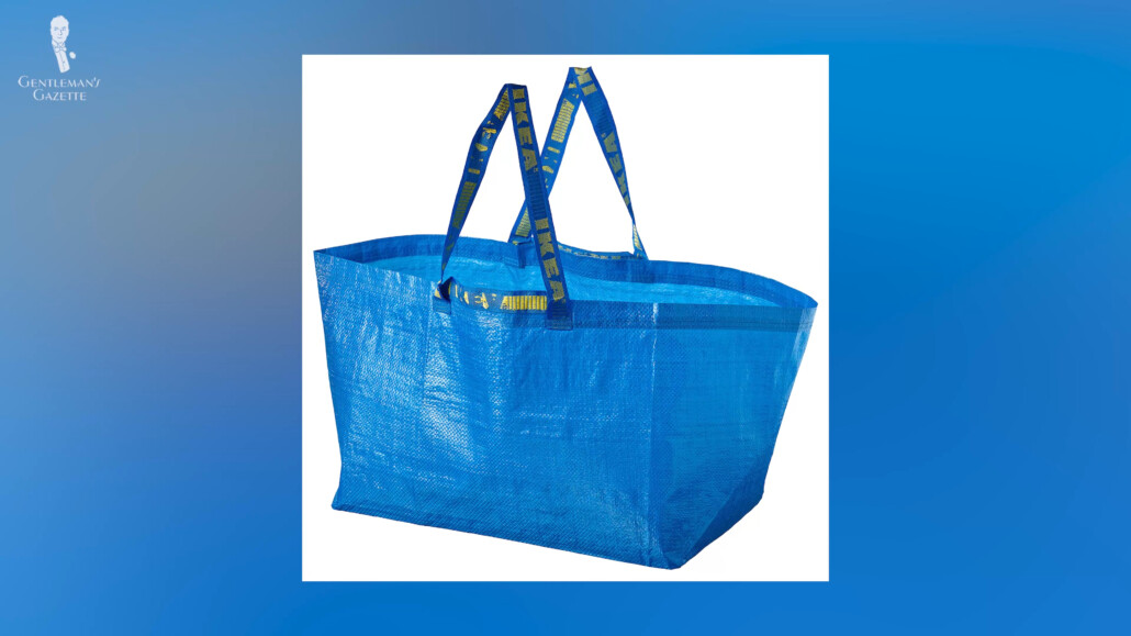IKEA's signature blue tote bag.