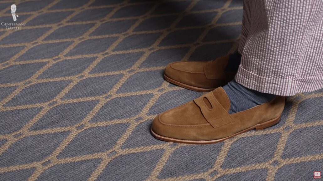John Lobb Lopez loafers in tan suede (Pictured: Grey Blue & Prussian Blue Two Tone Solid Oxford Socks from Fort Belvedere)