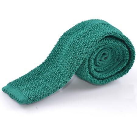 A photograph of a knit tie in malachite green