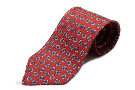 Orange Red Jacquard Woven Tie with Printed Diamonds in Blue and White