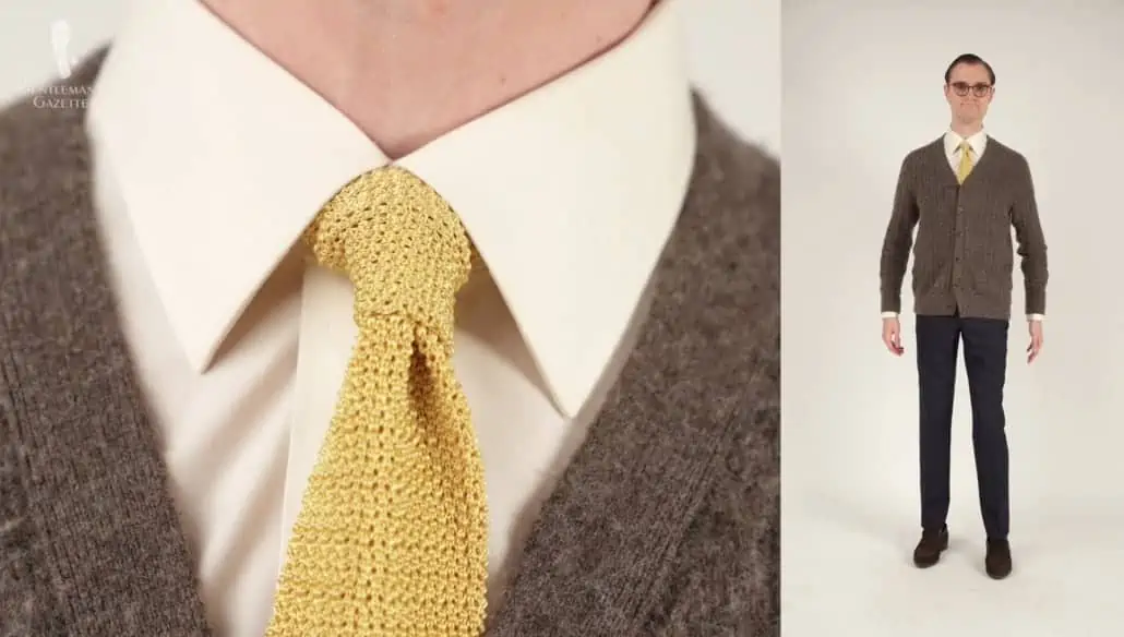 Preston's yellow tie harmonizes well with the rest of his outfit