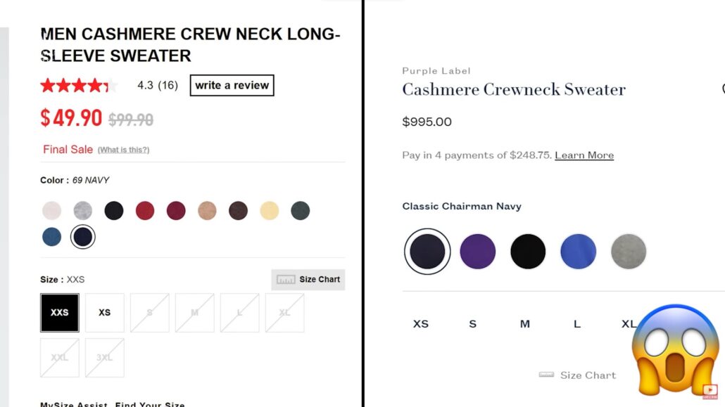 Price difference between 2 brands for the same Navy Cashmere Crew Neck Sweater