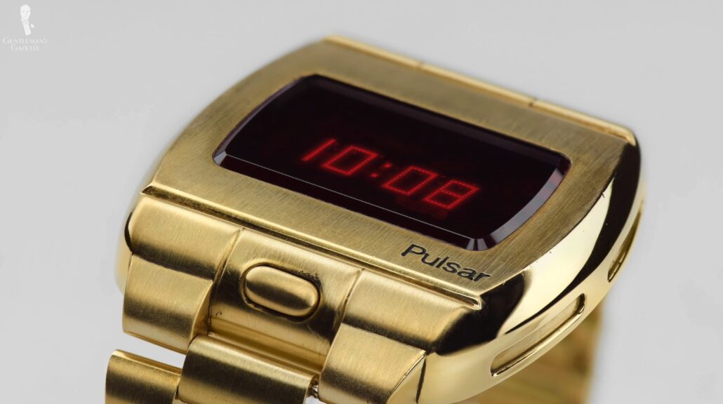Hamilton's Pulsar P1 watch; shown here up close is the small button to press to show the time.